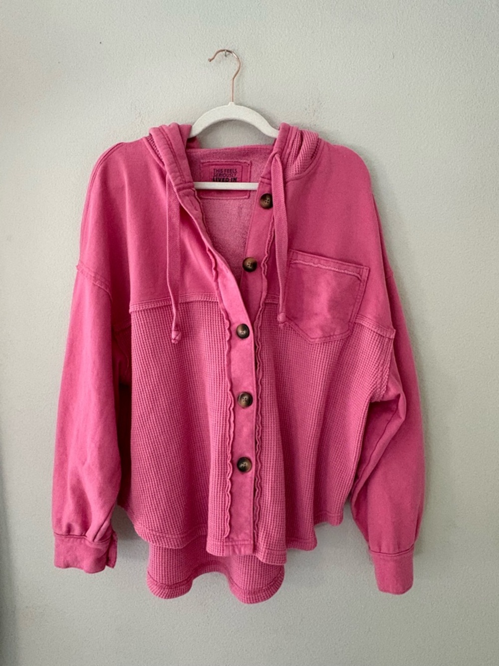American Eagle Big Hug Hooded Shacket Raspberry Pink Waffle Knit Oversized XS/S